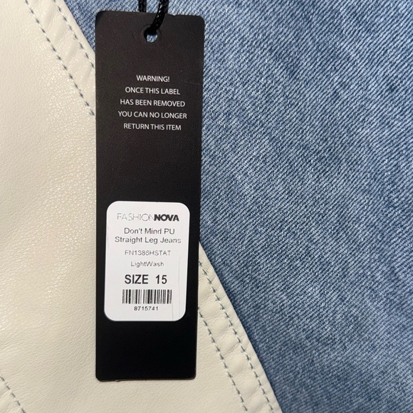 Fashion Nova Two-Tone Straight Leg Jeans Blue Pu Cream - Picture 5 of 9